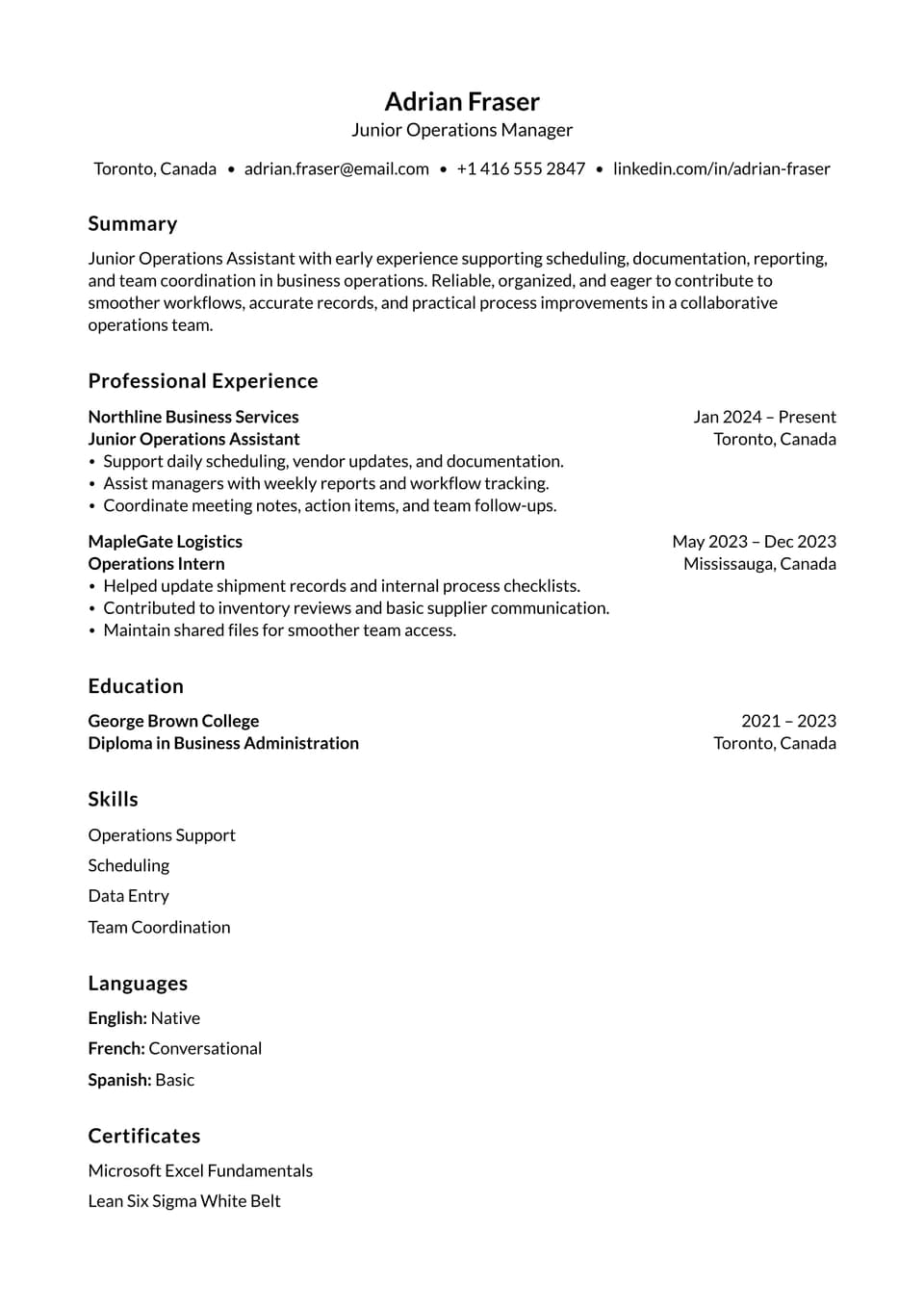Junior Operations Manager resume example