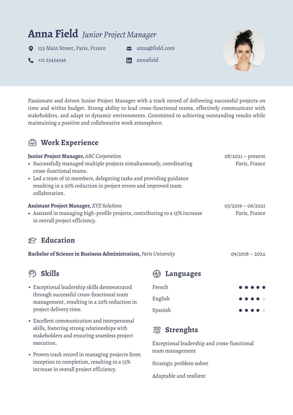 Junior Project Manager resume example