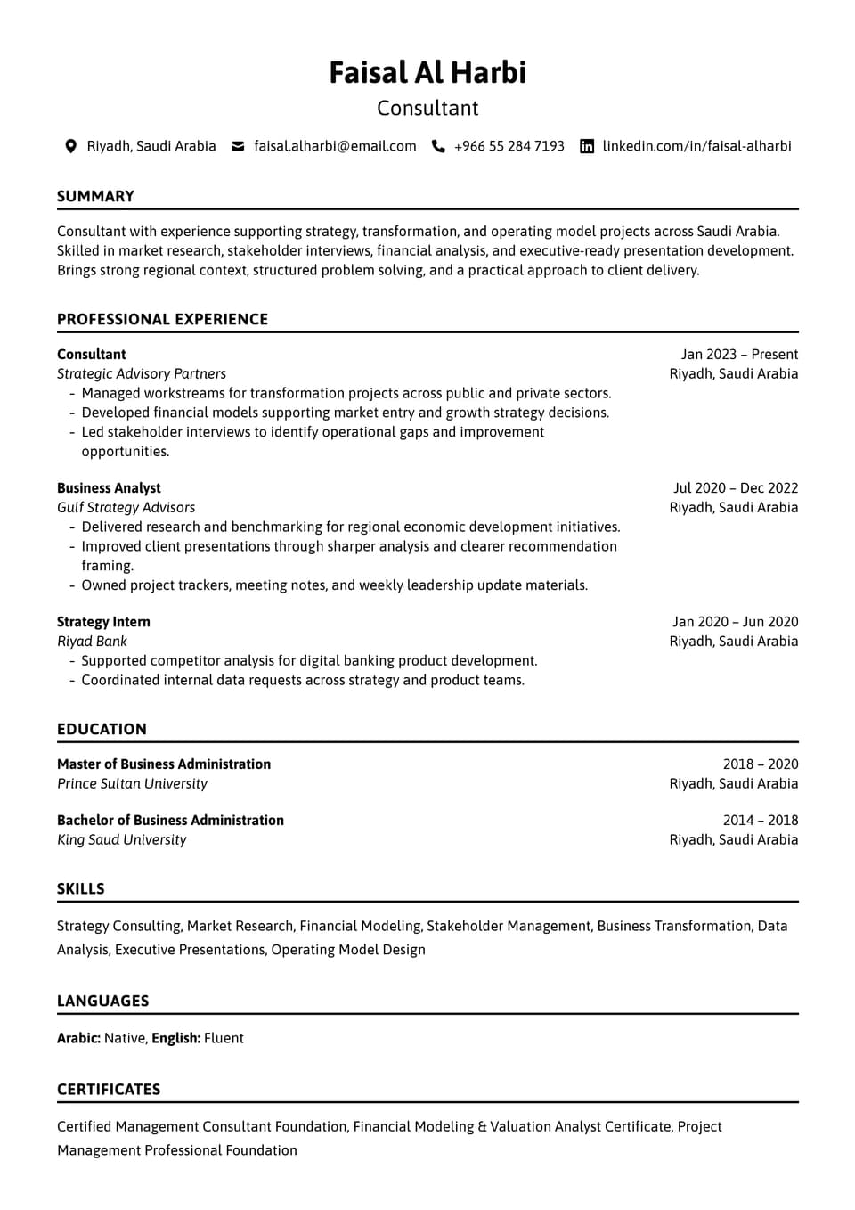 Consultant resume example