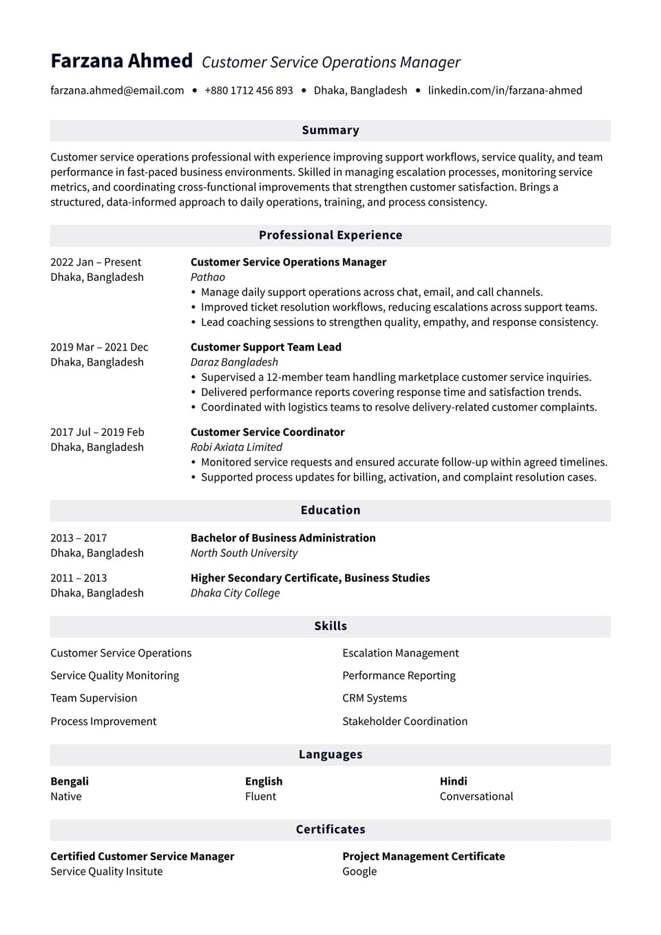 Customer Service Operations Manager resume example