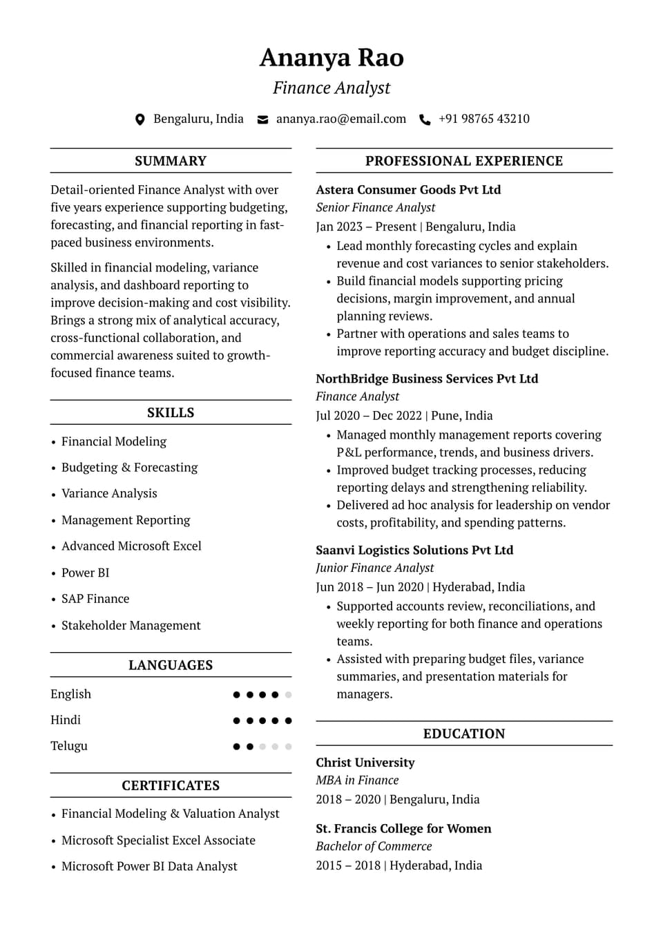 Finance Analyst resume example