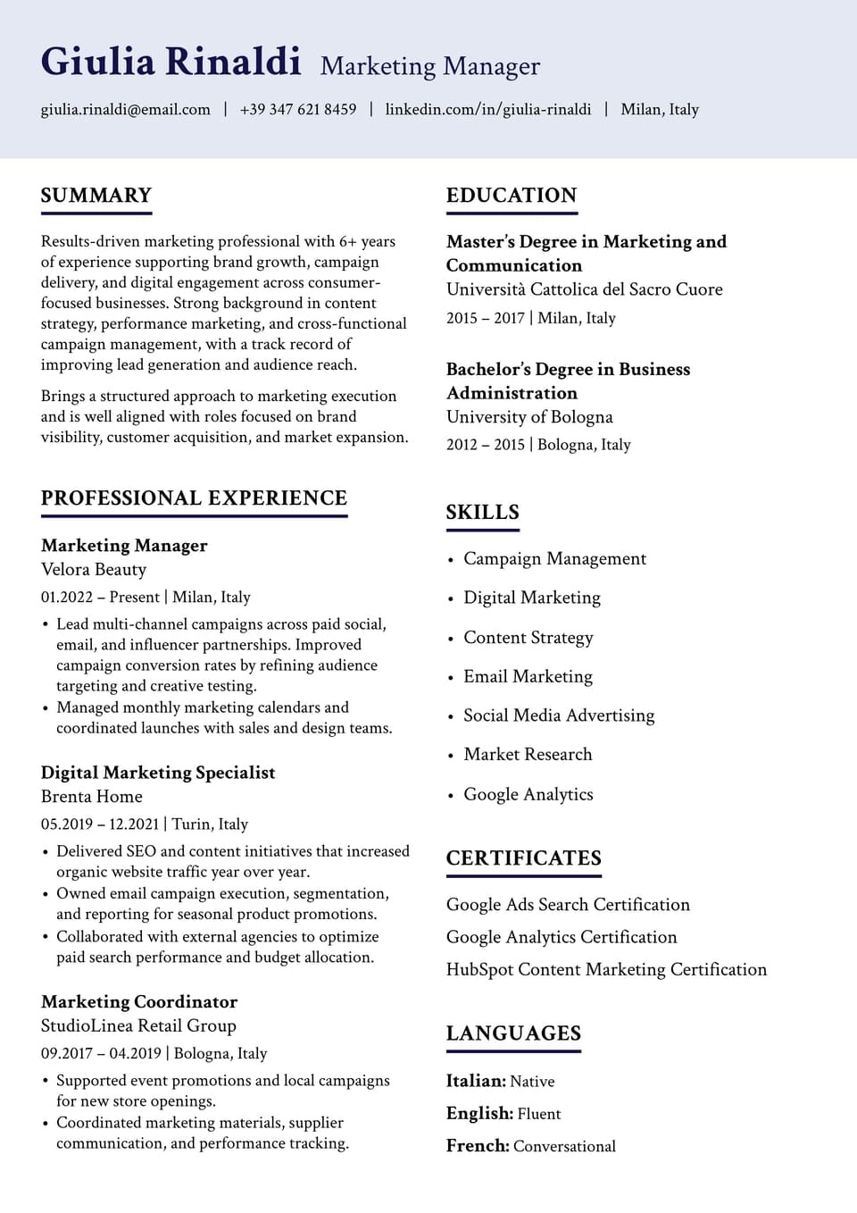 Marketing Manager resume example