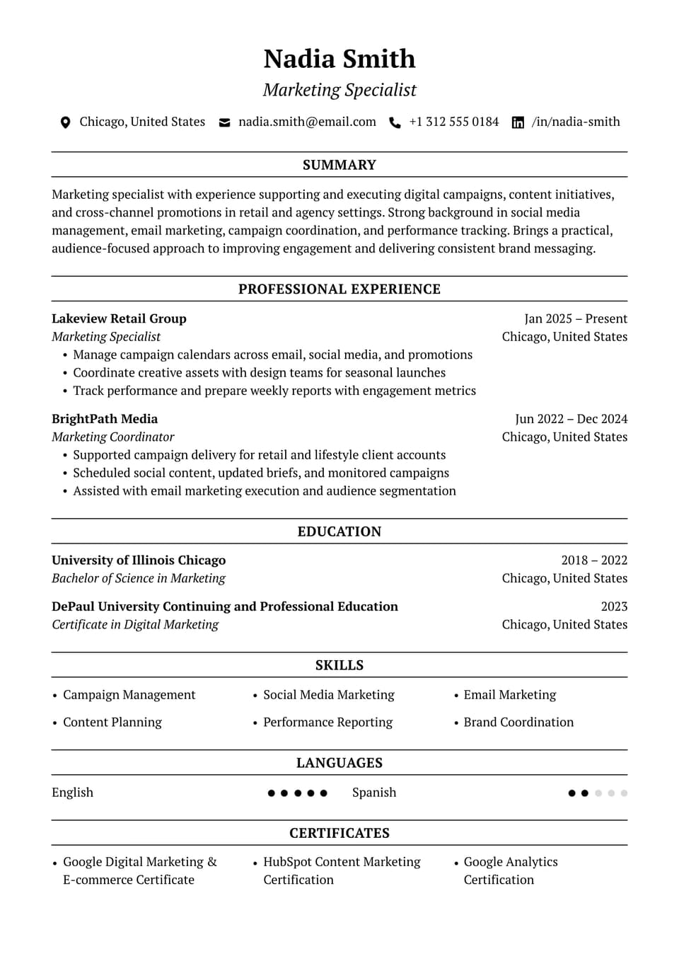 Marketing Specialist resume example