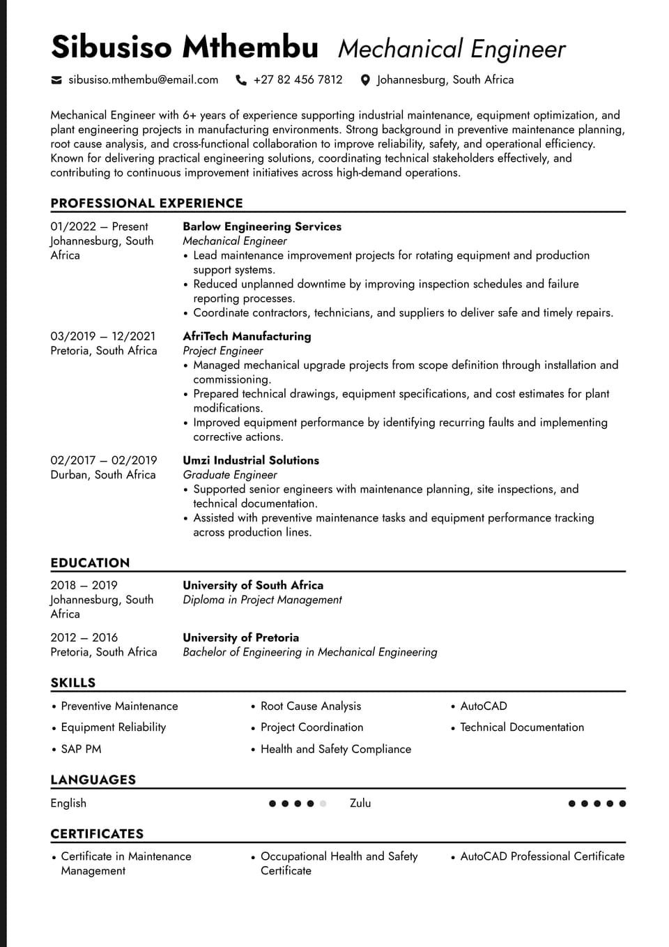 Mechanical Engineer resume example