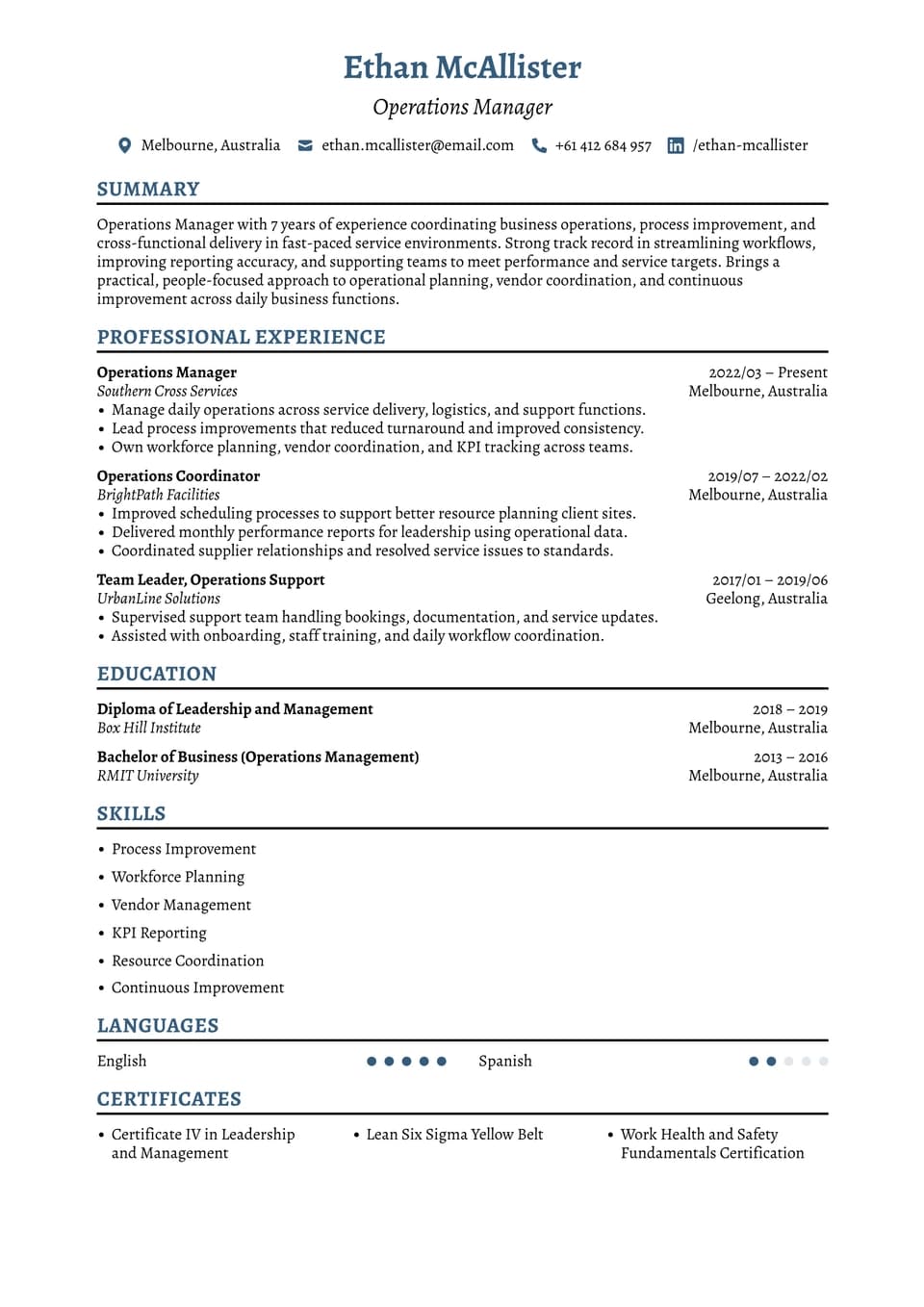 Operations Manager resume example