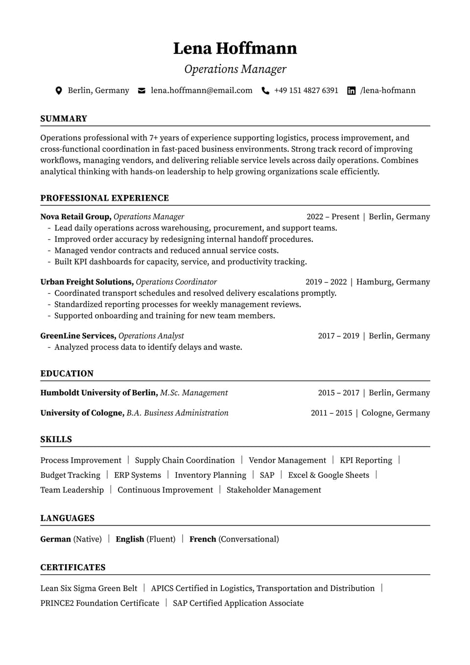 Operations Manager resume example