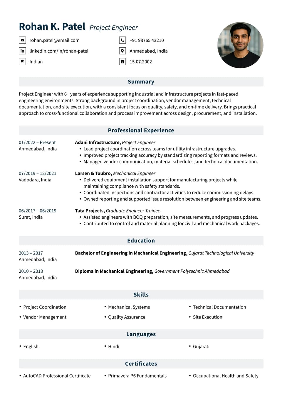Project Engineer resume example