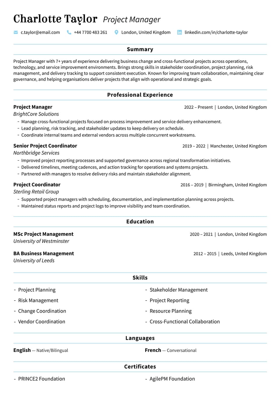 Project Manager resume example