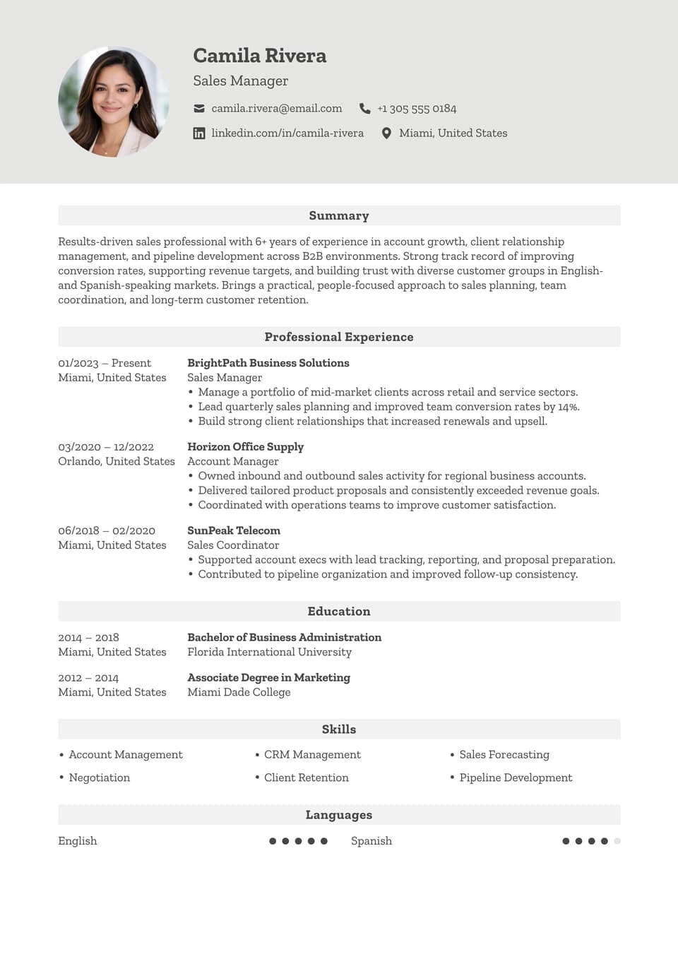 Sales Manager resume example